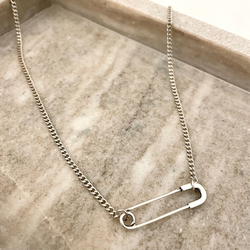 925 Sterling Silver Paperclip Necklace Unique Modern Safety Pin Necklace